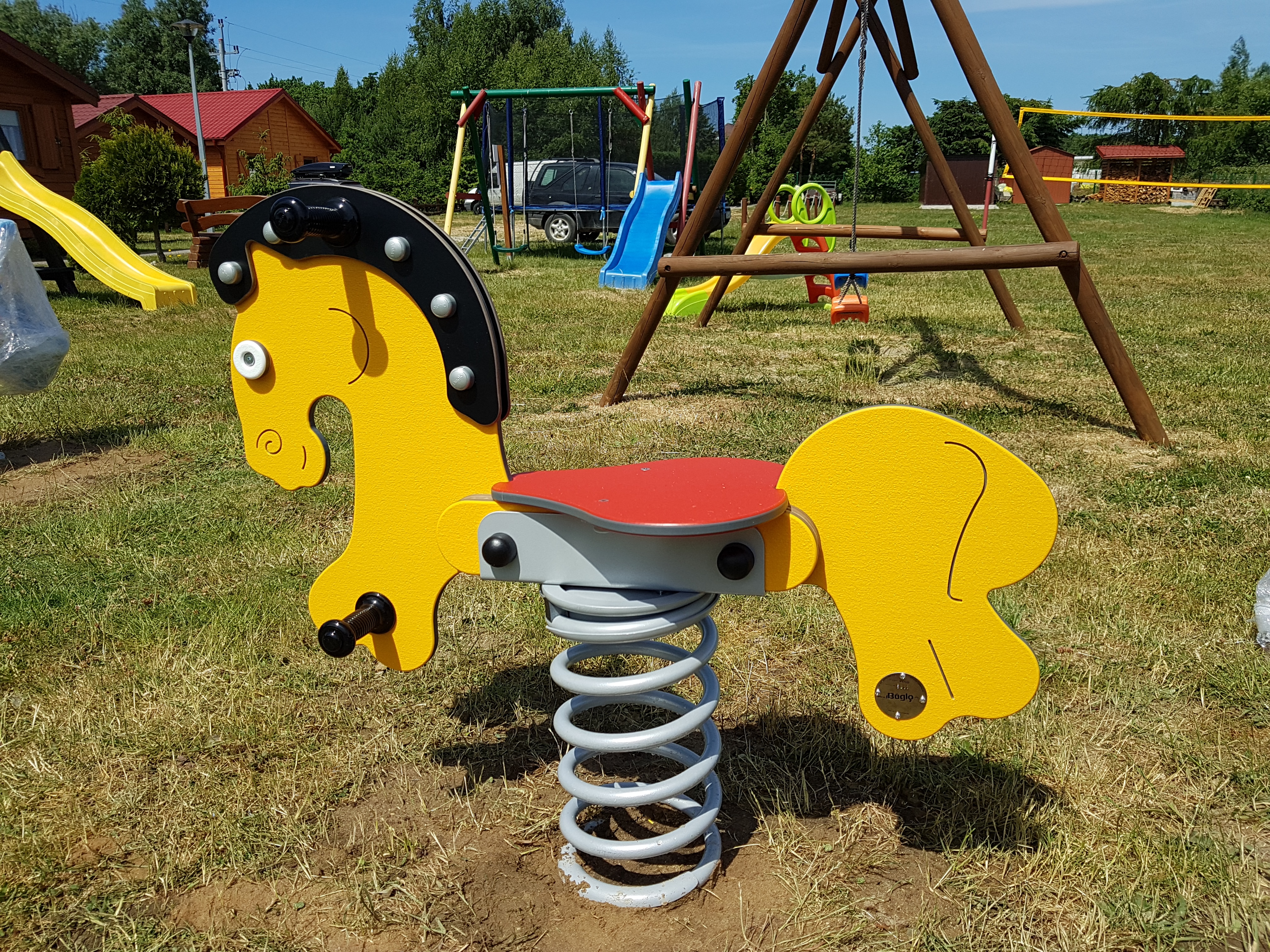 Konik bujany na placu zabaw przy domkach w Wiciu